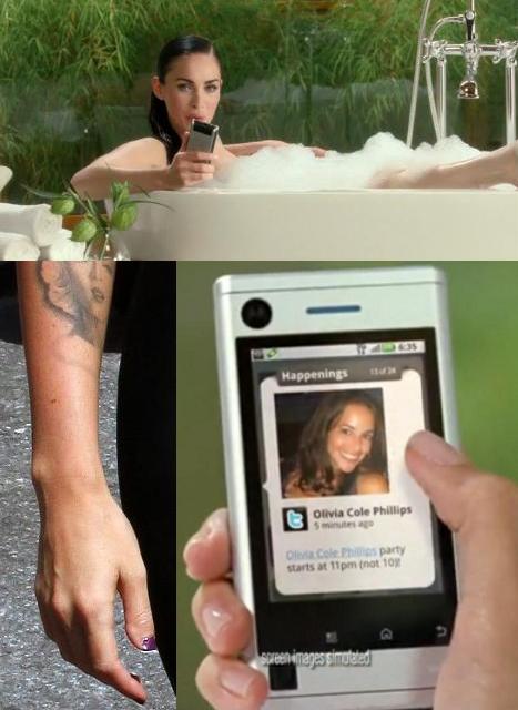 Motorola社の新携帯「Blur」CMに出演のミーガン・フォックス、手指が大写しになる場面は専門モデルとバトン・タッチ（右下）。左下がミーガンの普段の手指。