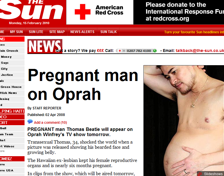2008年4月、米国の “赤ちゃんを産む男”、トーマス・ビーティさんを大きく報じた英「Sun」紙。彼のお腹には、現在3人目の赤ちゃんが…。