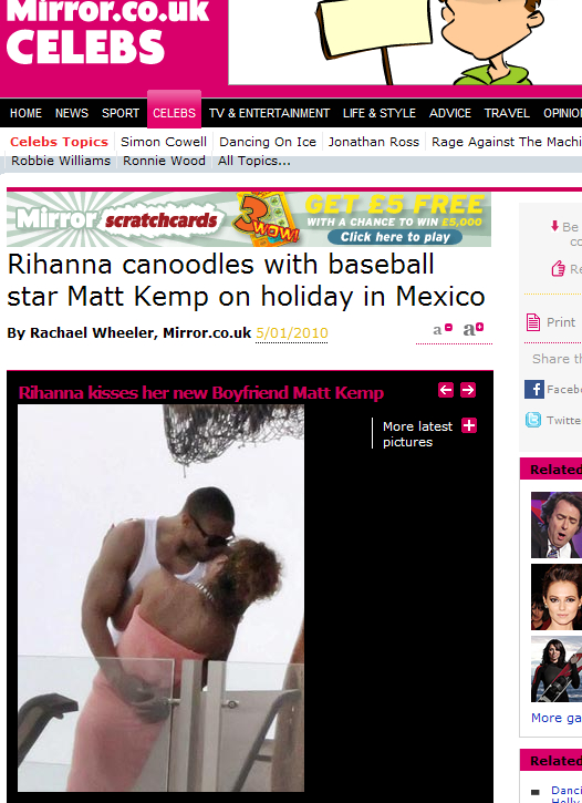 今年1月、メキシコで正月休暇を楽しむマット・ケンプ選手とリアーナの様子は、世界中のメディアの注目の的となった。画像はmirror.co.ukより。