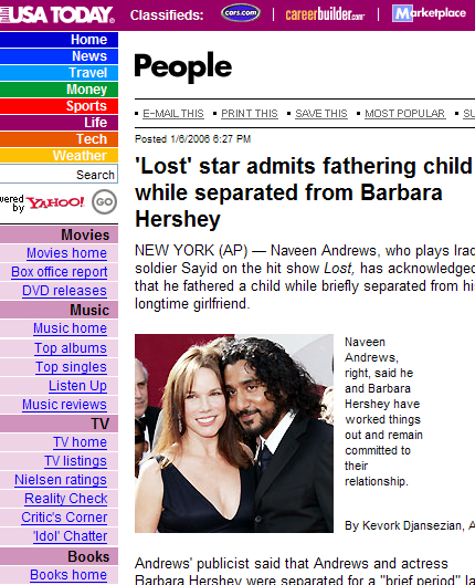 女優バーバラ・ハーシーが、ドラマ『LOST』の俳優で21歳年下のナヴィーン・アンドリュースと半年前に破局していた。写真は2006年、ナヴィーンの“隠し子誕生”を伝える『USA Today』電子版の記事。