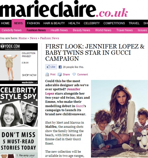 ジェニファー・ロペスの双子が、GUCCIブランドの子供服モデルになったことを marieclaire.co.uk が報じた。