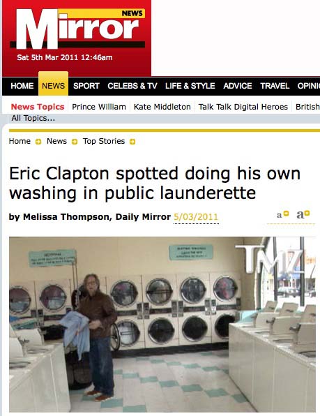コインランドリーで洗濯をするエリック・クラプトンを報じる英デイリー・ミラー電子版