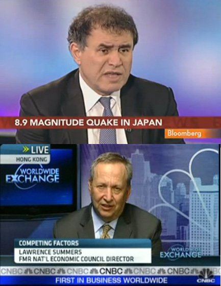 東日本大震災が経済に与える影響について語るヌリエル・ルービニ氏（上）とローレンス・サマーズ氏（下）