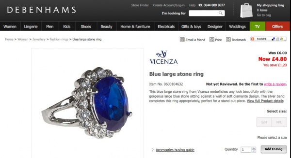 ケイト・ミドルトンさんの婚約指輪のレプリカを販売する英デベンハムスのサイト