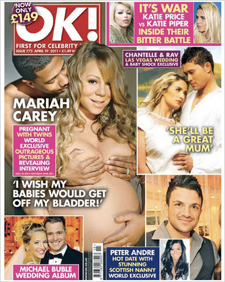 英芸能誌『OK！』の表紙を飾ったマライアの妊婦ヌード。ニックは妻の乳房を揉みしだいている。