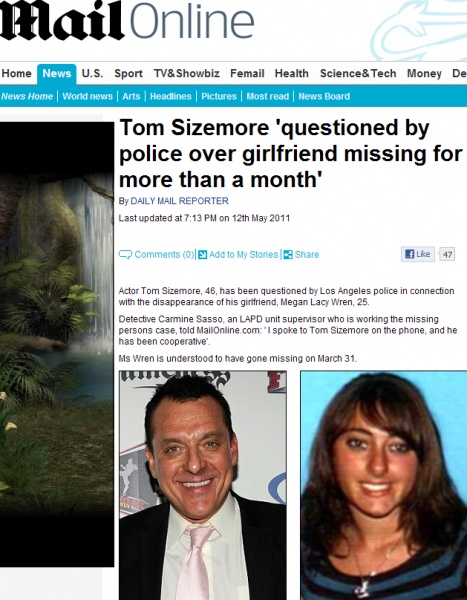 俳優トム・サイズモア、同居していた若い女優の失踪事件が無事解決。画像：英『デイリー・メール』電子版