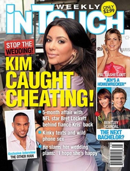 米芸能誌『InTouch』最新号、婚約のキム・カーダシアンについて「NFL選手と二股であった」とすっぱ抜く。