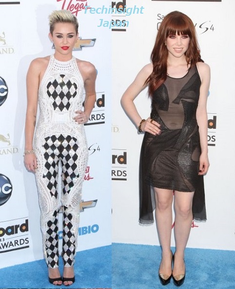 『Billboard Music Awards 2013』のマイリー・サイラス（左）とカーリー・レイ・ジェプセン