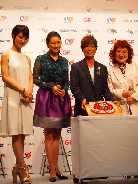 『全日本美声女コンテスト』概要説明記者会見にて。左から剛力彩芽、菊川怜、古谷徹、野沢雅子。