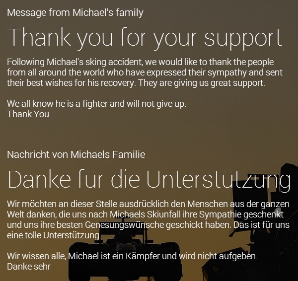 昏睡状態が続くミハエル・シューマッハ、家族がメッセージ。画像はmichael-schumacher.deのスクリーンショット。