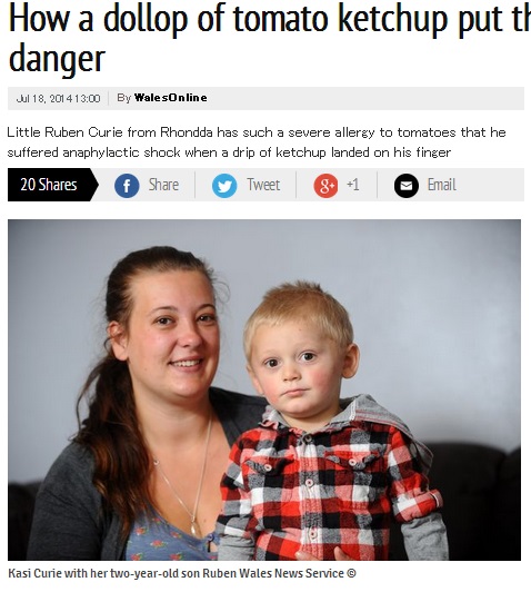 【EU発！Breaking News】「ケチャップ1滴でも致命的」。重度のトマトアレルギーを持つ2歳児。母が悲痛な告白。（英）