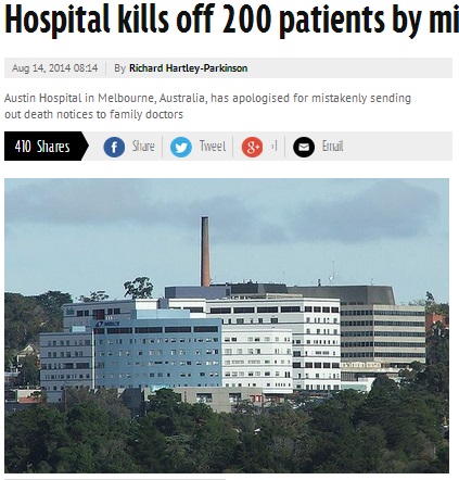 【豪州発！Breaking News】大病院であり得ない事務ミス。生存患者200名について「死亡通知」を誤送信。（豪）