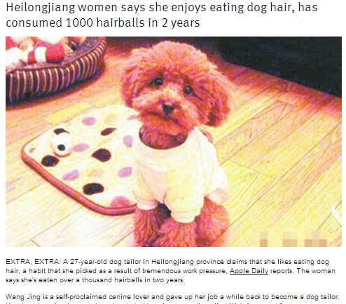 【アジア発！Breaking News】愛犬の毛玉を2年間食べ続けた女性。「舌触りも最高、チョコレート風味よ」。（中国）