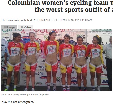 コロンビア女性競輪チームの新ユニフォームが話題に。（画像はnews.com.auのスクリーンショット）