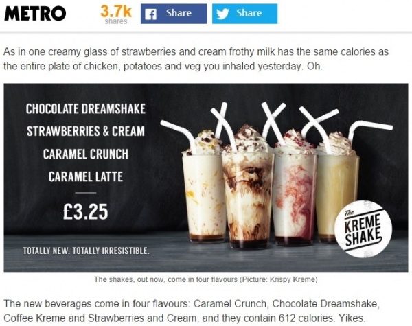 【海外発！Breaking News】英クリスピー・クリーム・ドーナツ、新発売のシェイクが超高カロリーで大ひんしゅく。
