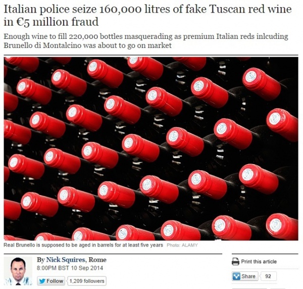 【EU発！Breaking News】16万5千本のトスカーナ産高級ワインが押収される。中身は全く別物だった！（伊）