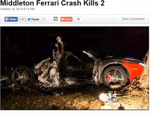 【海外発！Breaking News】新車のフェラーリ原形をとどめず。立木に激突で大破し炎上、2名死亡。（米）