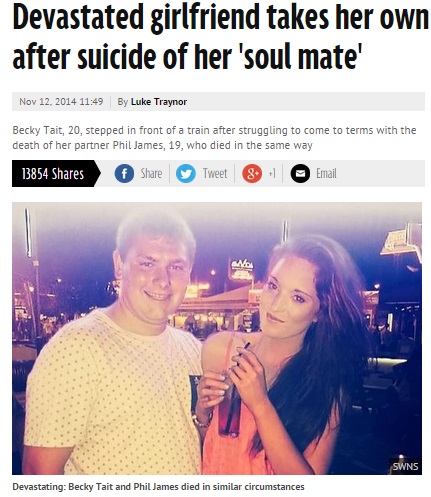 ボーイフレンドの死に20歳女性が後追い自殺（画像はmirror.co.ukのスクリーンショット）