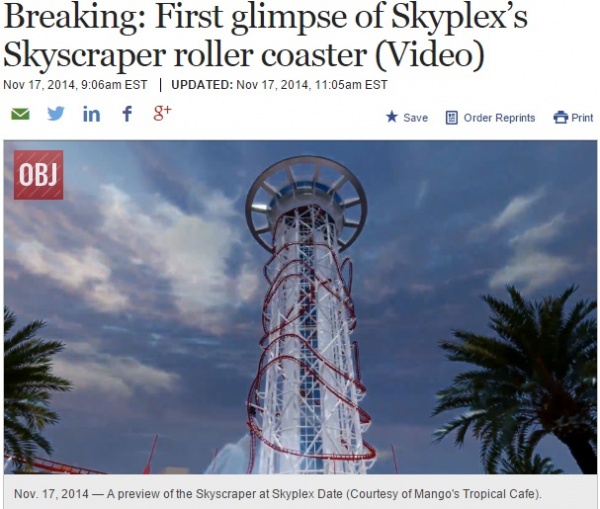 フロリダで2017年にデビューする超絶叫マシン“Skyscraper”（画像はbizjournals.comのスクリーンショット）