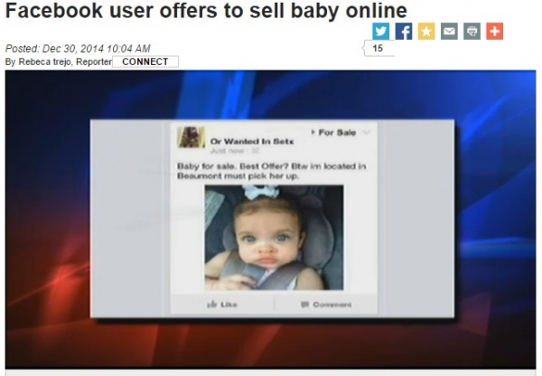 テキサス州ボーモント市で「赤ちゃん売ります」の広告（画像は12newsnow.comのスクリーンショット）