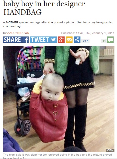 【海外発！Breaking News】乳児をトートバッグにポイ。“運ぶ”母親に批判殺到。（中国）