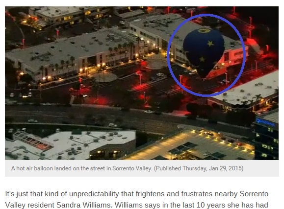 サンディエゴの町に突然舞い降りた熱気球（画像はnbclosangeles.comのスクリーンショット）