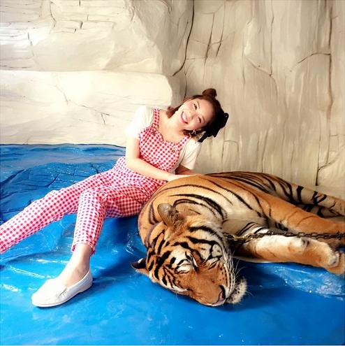 虎に触る河西智美。（画像は『instagram.com/chiyu3u』より）