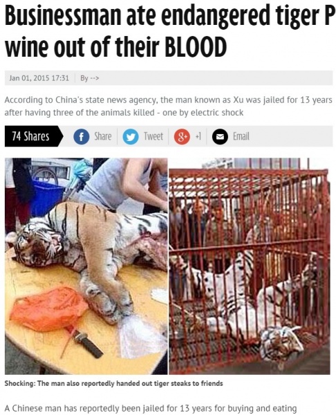 【海外発！Breaking News】絶滅危惧種のトラを殺して生殖器を食べ、血からワインを作った男が逮捕。（中国）