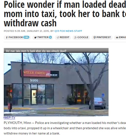 死亡した母親を車イスに乗せた息子、銀行へ急ぐ（画像はq13fox.comのスクリーンショット）