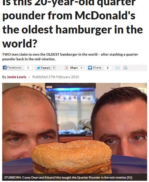 【海外発！Breaking News】マクドナルドで20年前に買ったと思われるハンバーガー、やはり腐敗もカビもなく。（豪）