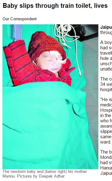 レールに落下した赤ちゃん（画像はtelegraphindia.comのスクリーンショット）