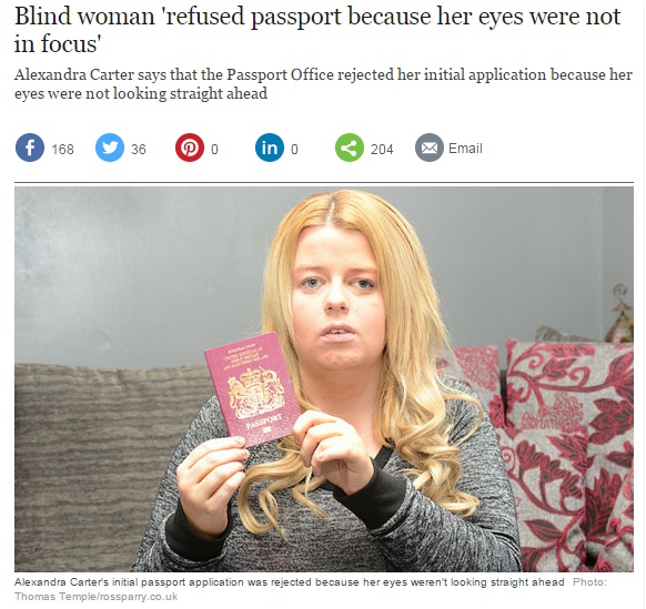 斜視を理由にパスポートが発給されなかった女性（画像はtelegraph.co.ukのスクリーンショット）