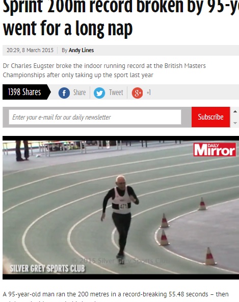 英マスターズ陸上200mで95歳男性が新記録！（画像はmirror.co.ukのスクリーンショット）