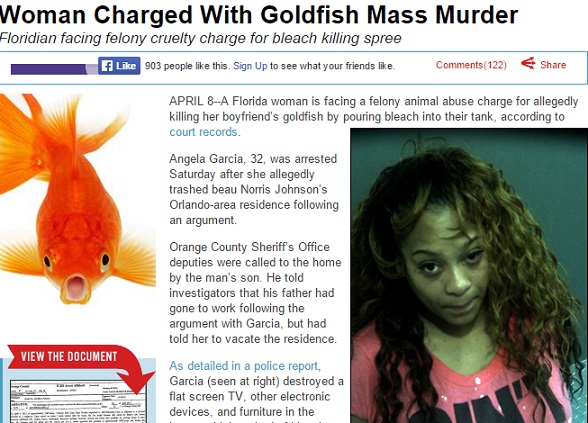 【海外発！Breaking News】水槽に漂白剤を。32歳女、ボーイフレンドの飼っていた金魚を殺して逮捕。（米）