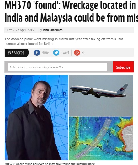 MH370残骸、ベンガル湾で発見か（画像はmirror.co.ukのスクリーンショット）