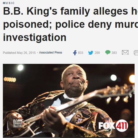 【海外発！Breaking News】B.B.キング氏の死に殺人の可能性が。側近が舌に毒を2滴!?（米）