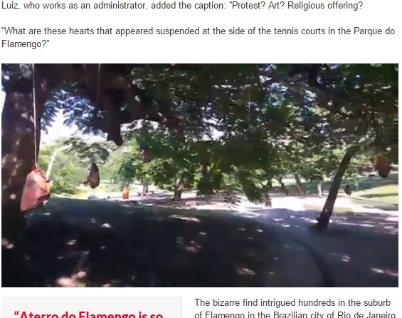【海外発！Breaking News】公園の木の枝にいくつもの心臓が！　いったい誰の仕業か。（ブラジル）