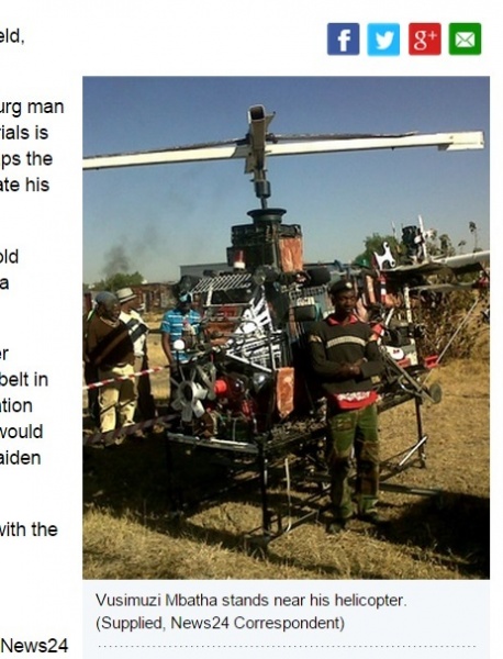 【海外発！Breaking News】ヘリコプターをリサイクル材で自作した無職男性、“空を飛ぶ”夢を叶える（南ア）