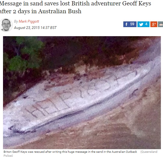 砂地の“HELP”の文字が救助につながった英男性（画像はibtimes.co.ukのスクリーンショット）