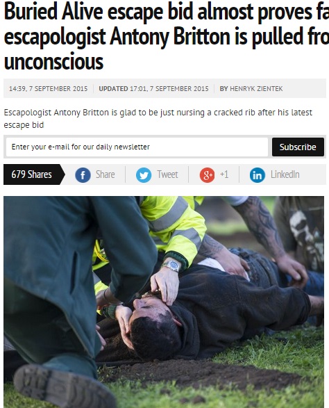 アントニー・ブリトン、生き埋めからの脱出マジックに失敗（画像はexaminer.co.ukのスクリーンショット）