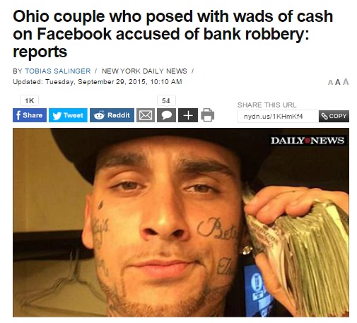 【海外発！Breaking News】Facebookに札束で遊ぶ写真。銀行強盗がバレてカップル逮捕（米）