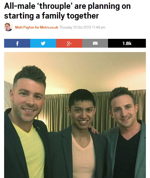 同性愛の男性3人組が赤ちゃんを迎えることに（画像はmetro.co.ukのスクリーンショット）