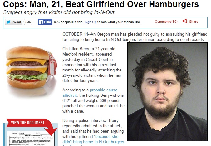 ハンバーガー1つで恋人を殴り、逮捕された男（画像はthesmokinggun.comのスクリーンショット）