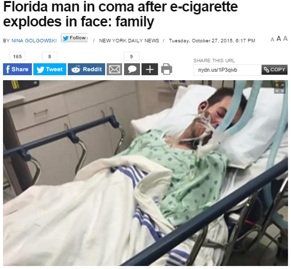 21歳男性の顔の前で電子タバコが爆発（画像はnydailynews.comのスクリーンショット）