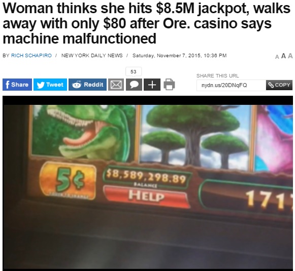 【海外発！Breaking News】スロットマシンで10億円当てたのに…。カジノは「機械のミス」（米）