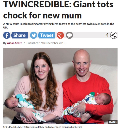 【海外発！Breaking News】超ジャンボな双子が誕生！　2人合わせて7.6kgも（スコットランド）