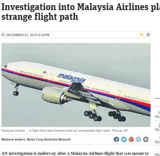 マレーシア航空旅客機の国際線が進路を誤る（画像はnews.com.auのスクリーンショット）