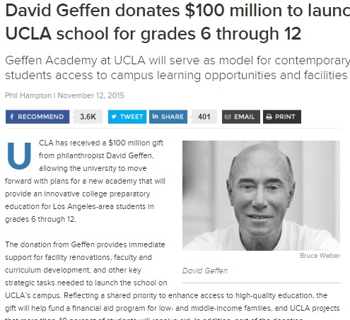 【海外発！Breaking News】UCLAに付属中・高が誕生へ。ゲフィン・レコード創設者121億円をドンと寄付。