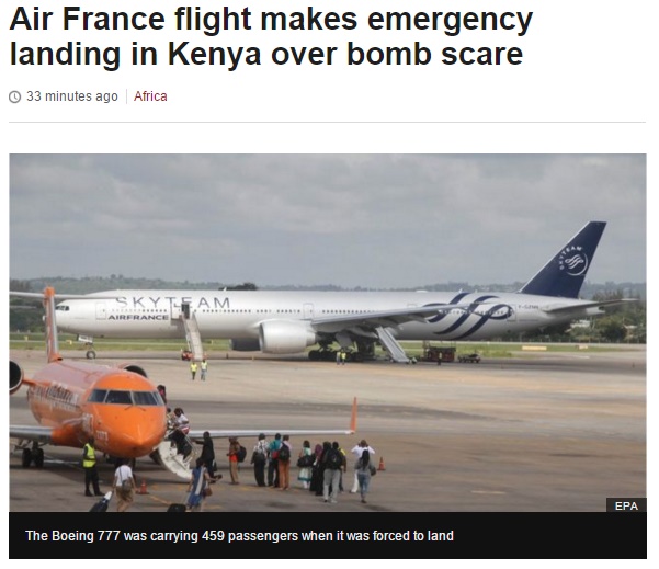 エールフランス機トイレで爆弾入りの小包か（画像はbbc.comのスクリーンショット）