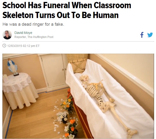 【海外発！Breaking News】高校の授業で使われた骨格標本、人骨と判明。葬儀が執り行われる（英）
